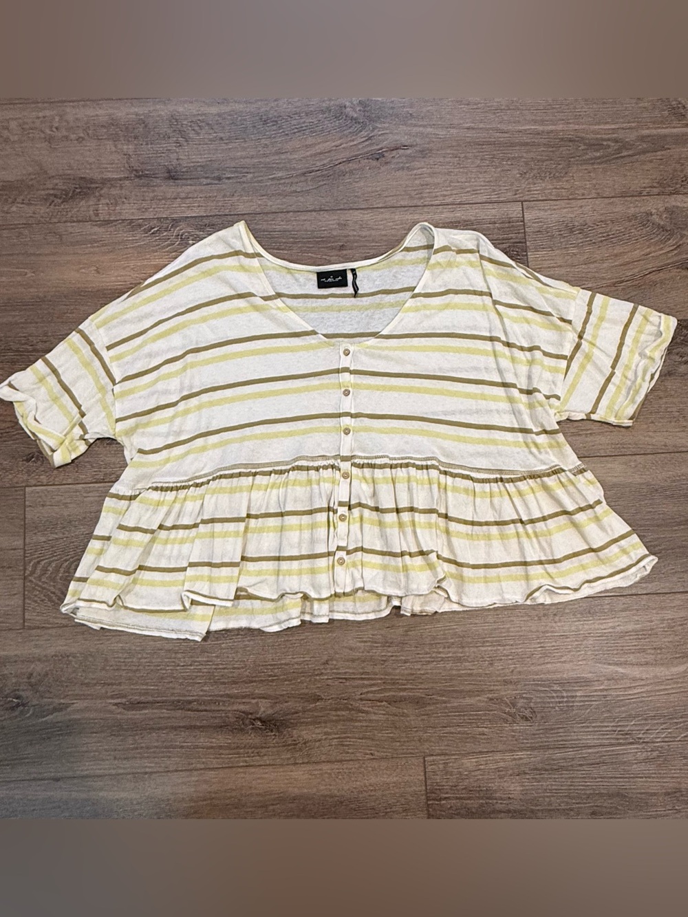 Urban Outfitters Brown and Light Yellow Striped Button-Front Peplum Cropped Top